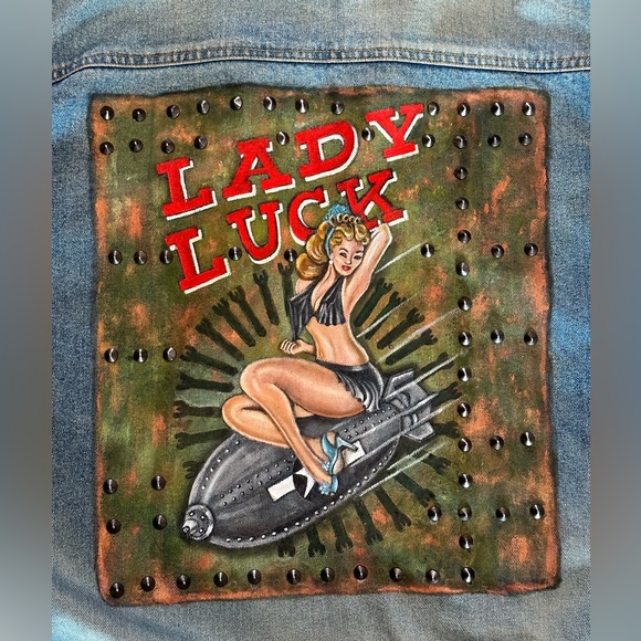 Handpainted retro pin up girl nose Art air force military denim jacket LG studs - Picture 4 of 16